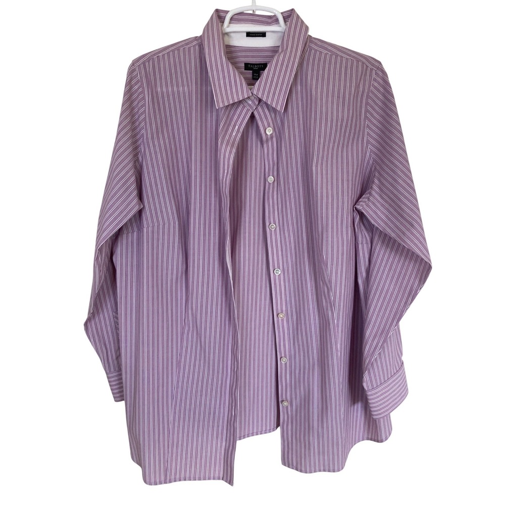 Talbots Woman Purple White Striped Wrinkle Resistant Button Down Shirt 14W